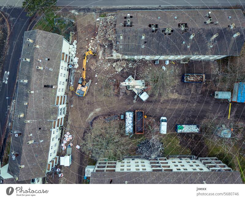 Aerial view of a building being demolished outline Construction site Building for demolition House (Residential Structure) Destruction Dismantling Change