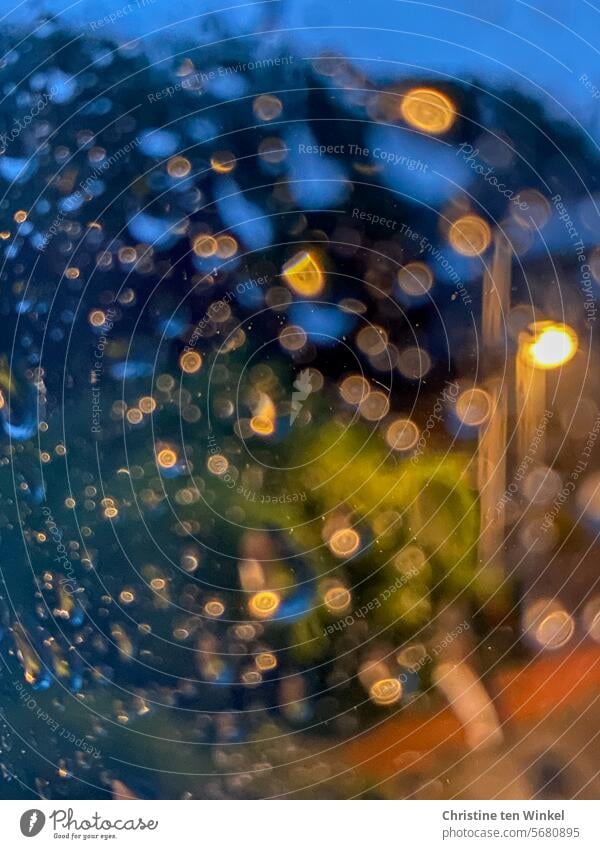 rainy morning raindrops rainy weather Rain Twilight blue hour streetlamp Wet Drops of water Bad weather rainy day blurriness Abstract Morning Evening Reflection