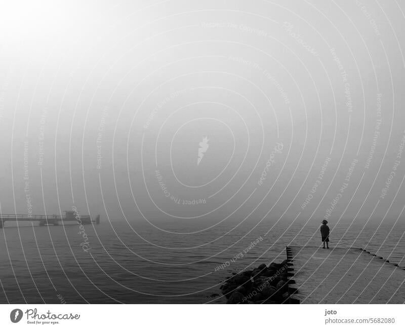 Child from behind by the sea on a foggy day Autumn Autumnal autumn atmosphere Gray somber Dreary Bad weather Lines and shapes Exterior shot cloudy weather Empty