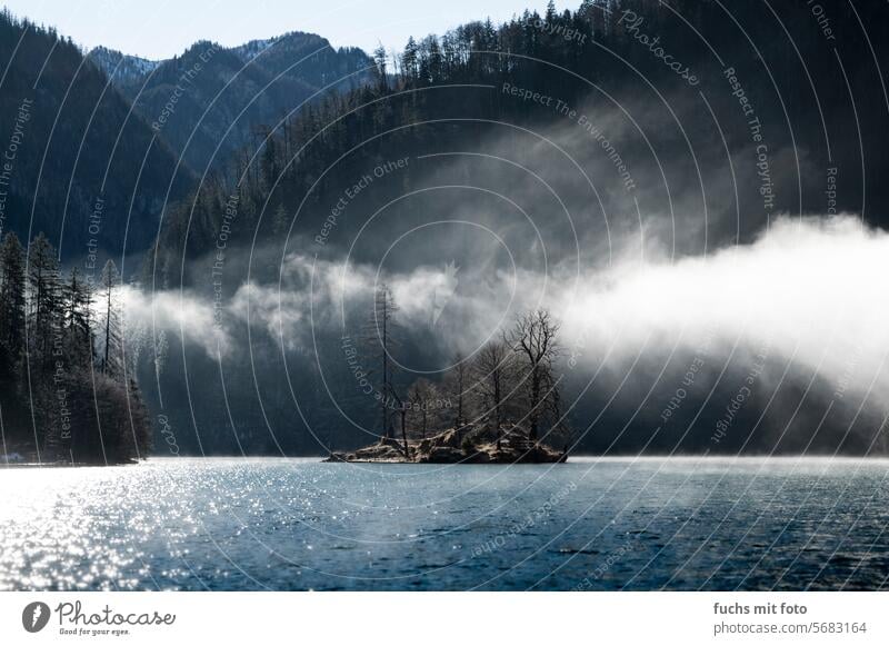 Mystical fog on the lake Fog Lake Nature Island outdoor Tourism Clouds Water Landscape Exterior shot Lake Königssee Bavaria Alps Mountain Lakeside Reflection