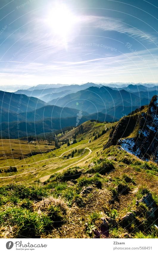 hiking day Mountain Nature Landscape Sky Autumn Beautiful weather Meadow Rock Alps Peak Tall Sustainability Natural Blue Green Loneliness Colour Freedom Horizon