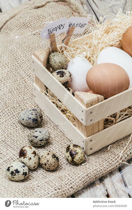 Easter celebration with a variety of eggs in a basket easter rustic burlap wooden sign spring decoration festive holiday happy greeting quail chicken bird