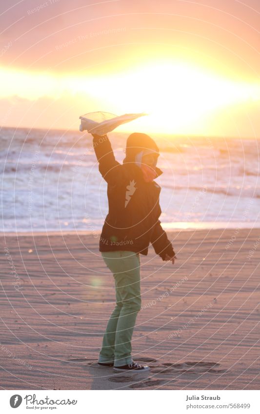 gusty apparition Feminine Young woman Youth (Young adults) Woman Adults Body 1 Human being 18 - 30 years Sand Water Sunrise Sunset Autumn Wind Gale Beach Ocean