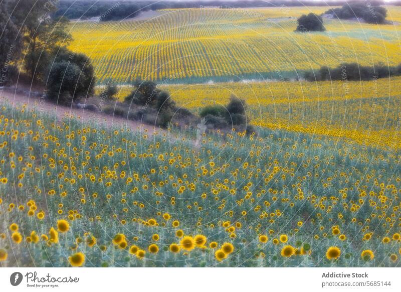 Sunflower fields with oak forest backdrop sunflower agriculture nature landscape flora cultivation scenic rural farm yellow bloom plant earth summer countryside