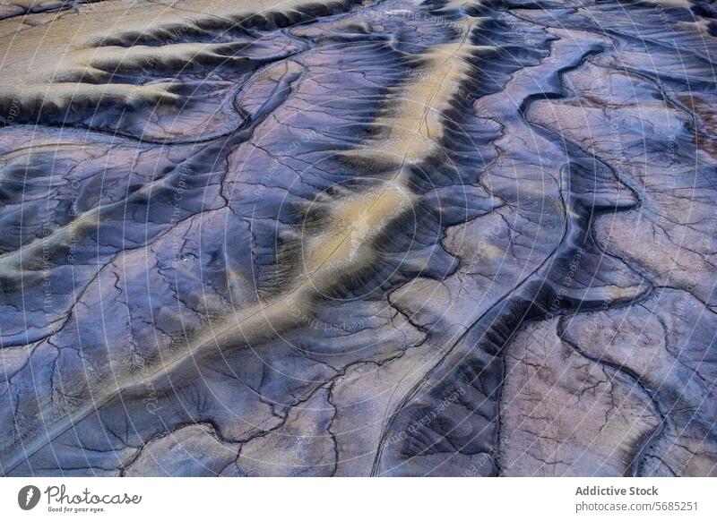 Aerial view capturing the complex network of ridges and valleys in Utah's desert, highlighted by contrasting golden paths USA terrain topography natural