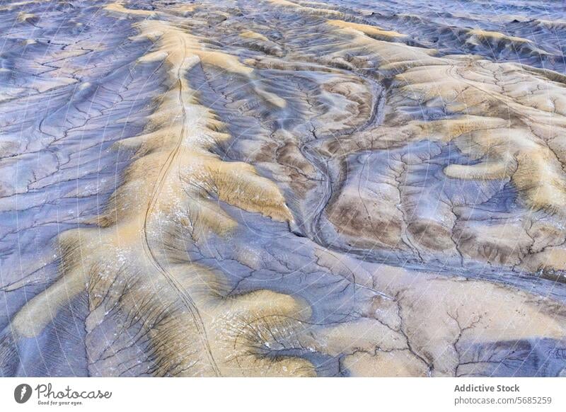 Aerial view of intricate patterns created by natural erosion in the desert landscape of Utah, showcasing a network of ridges and grooves with varying shades of brown and gray