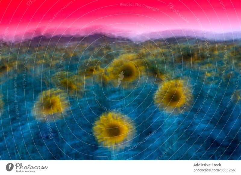 A dreamlike depiction of sunflowers under a dramatic sky ablaze with red and purple hues at dusk field nature landscape twilight abstract blur color vibrant