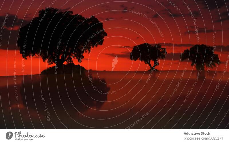 Silhouetted trees stand against a fiery red sky reflected in a tranquil water body at twilight silhouette reflection landscape nature dusk serene peaceful