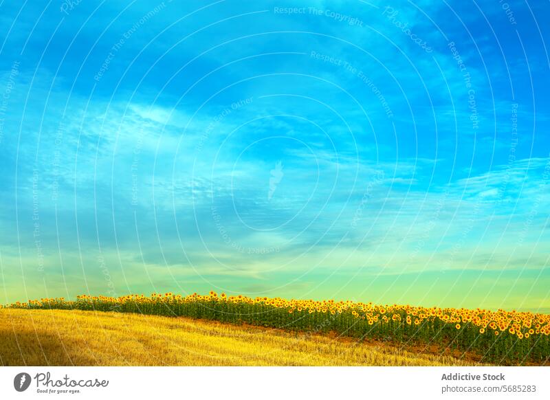 A vibrant landscape with a clear blue sky above a field of sunflowers basking in the golden light nature outdoor floral horizon summer sunny bright daylight