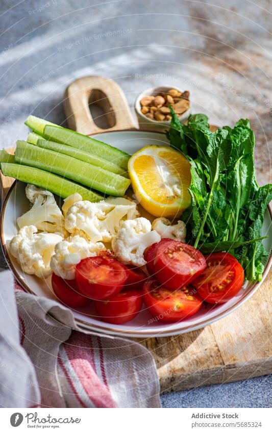 A healthy bowl of fresh vegetables featuring sliced cucumber, cherry tomatoes, cauliflower florets, a lemon wedge, and arugula leaves on a wooden board with a side of mixed nuts