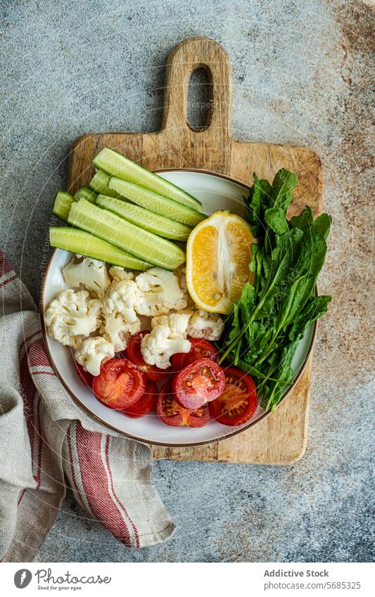 Top view of vibrant dish of raw vegetables with sliced cucumber, halved cherry tomatoes, cauliflower pieces, a lemon slice, and arugula on a cutting board bowl