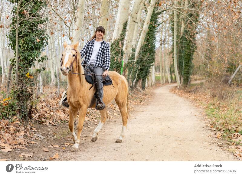 Happy woman riding her beautiful horse outdoors adult animal bridle brown care caucasian closeup dressage equestrian equine equipment equitation farm female