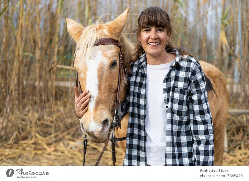 Portrait of a woman with her pretty horse ready to ride it adult animal beautiful bridle brown care caressing caucasian closeup dressage equestrian equine