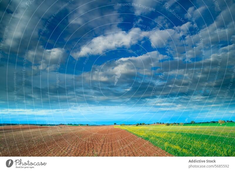 Expansive farmland under a dramatic cloudy sky landscape green grass serene cultivated contrast vibrant earth nature rural agriculture field horizon outdoor