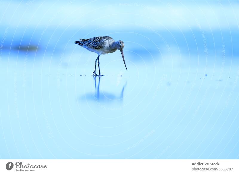 Bar tailed godwit wading in shallow waters bird bar tailed godwit foraging reflection blue nature wildlife coast asturias migratory passage tranquility serene