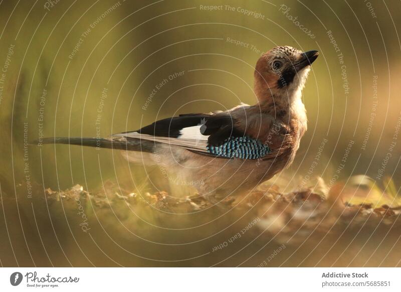 Jay bird perched in natural woodland setting jay sunlight fauna avian wildlife nature serene dappled forest wing feather beak tree branch habitat environment