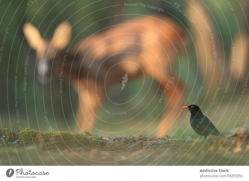 Female blackbird and roe deer in a serene forest scene female blackbird woodland tranquil wildlife nature animal mammal bokeh blurred background greenery