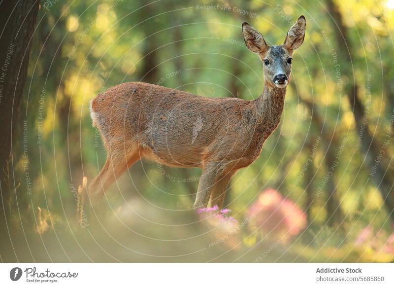 Female roe deer standing in a forest during golden hour female wildlife mammal nature tranquil sunlit trees gaze distance animal serenity doe herbivore woodland