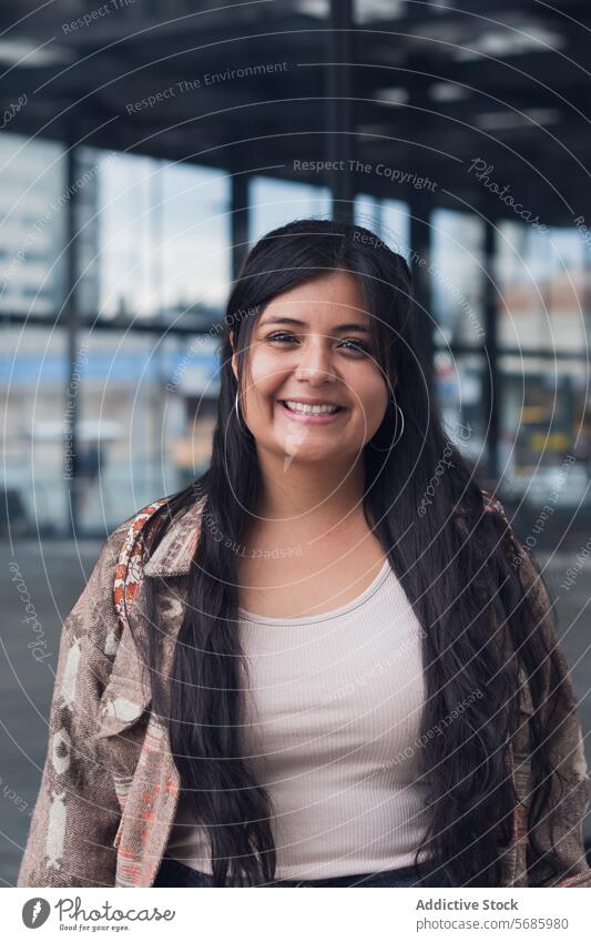 Happy woman in casual outfit smile style curvy top happy jacket stand confident urban modern positive cheerful glad female young street delight optimist