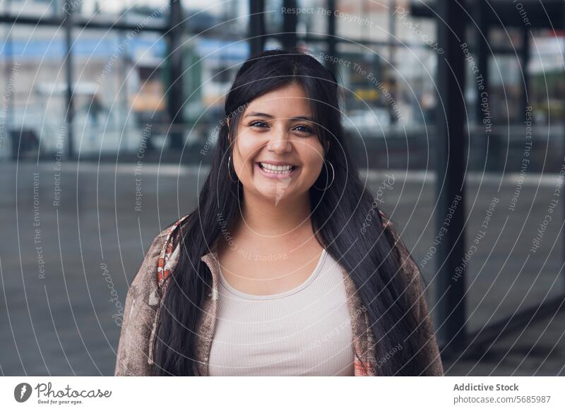 Happy woman in casual outfit smile style portrait curvy top happy jacket stand confident urban modern positive cheerful glad female young street delight