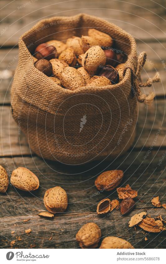 Spilled Almonds from Burlap Bag on Wood almonds burlap bag wooden table spilled scattering weathered harvest abundance nut shell brown natural organic raw snack