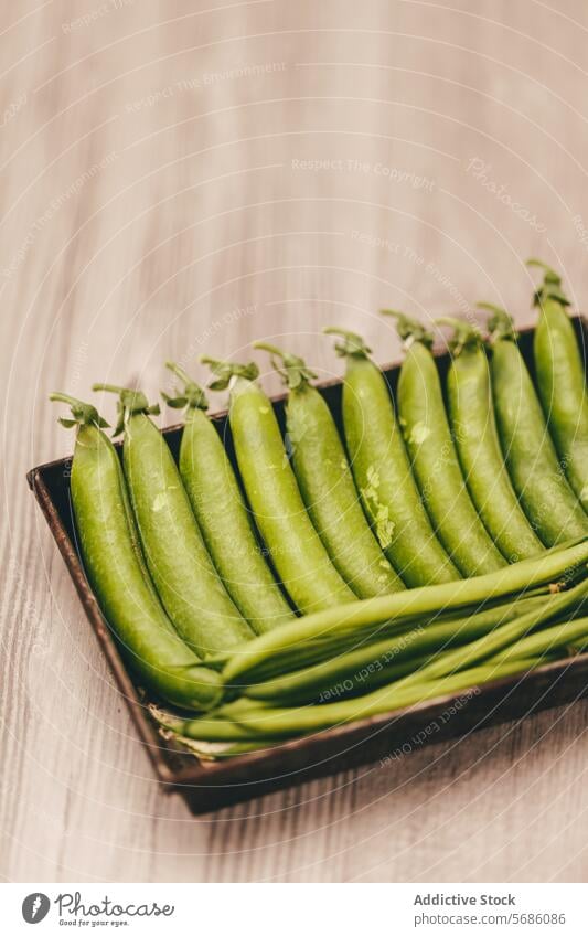 Fresh green peas in pod arranged in wooden box fresh vegetable arrangement close-up vibrant rustic background soft organic healthy nutrition food plant diet