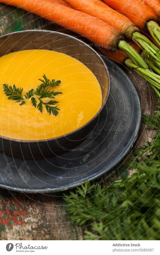 Fresh Carrot Soup with Parsley Garnish in Rustic Setting carrot soup parsley garnish bowl fresh homemade rustic wooden backdrop vintage vibrant food healthy