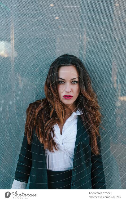 Confident businesswoman looking at camera in urban Madrid setting confident madrid style professional poise posed gaze direct spain fashion business attire suit