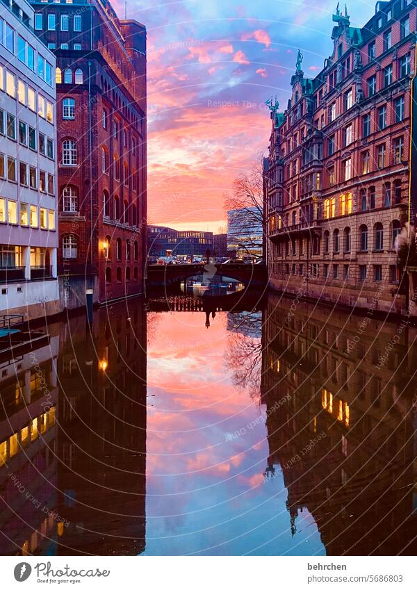 *3 8 0 0* hamburgliebe reflection comfort bridge Facade Sunrise protected as a historic monument Colour photo Sunlight Fleet Water