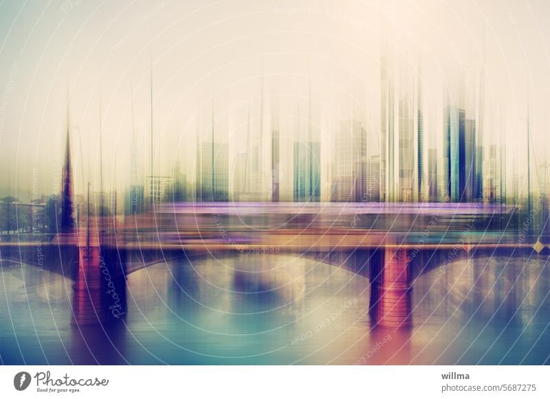 Bridge with passing streetcar, behind it the skyline of Frankfurt am Main River ignatz-bubis-bridge Skyline hazy Abstract Town mural Poster ICM technology