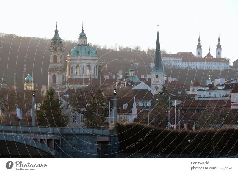 Church towers and other historic buildings in Prague in the evening sun Prague City cityscape Czech Republic Europe City trip Building Historic Architecture