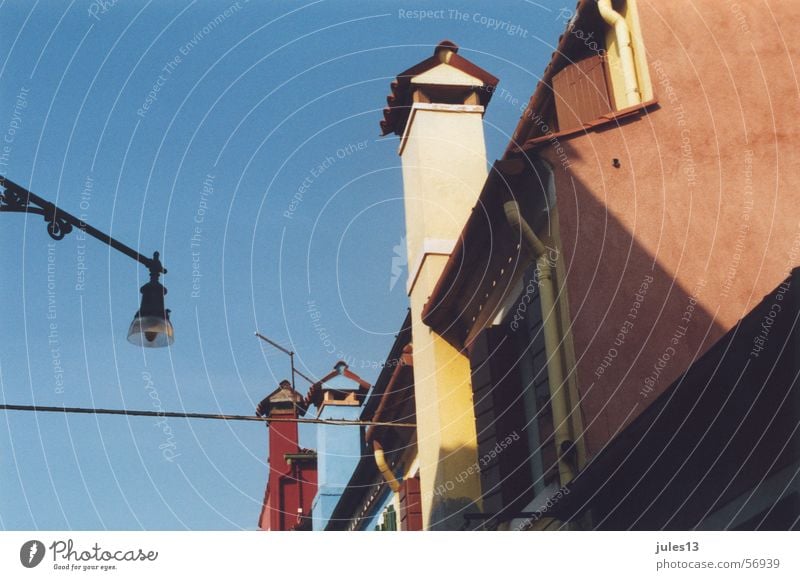 Italy Town House (Residential Structure) Lamp Black Gable Roofing tile Multicoloured Light Summer Bright Sky Blue Wall (barrier) Stone Chimney Perspective