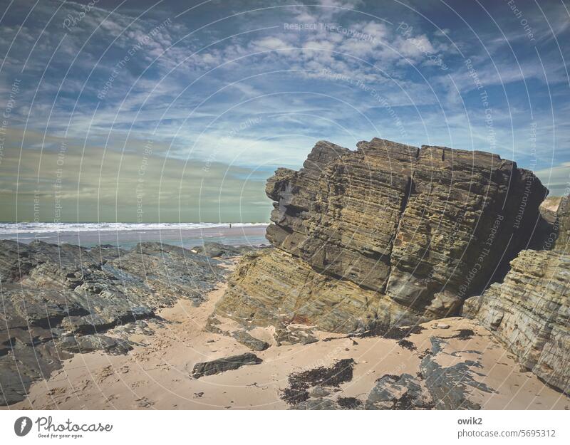 Nose stone Boulders Large Bulky Heavy Beach Atlantic coast Normandie France Landscape Sky Vapor trail cirrostratus clouds Ocean Water Horizon Nature