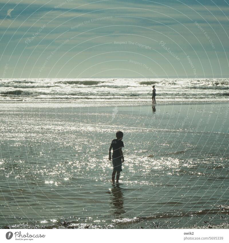 Flooding Ocean Atlantic Ocean Water Tide High tide Tidal flat walkers two Silhouette people Boy (child) Woman Stand Observe wet feet Beach coast Far-off places