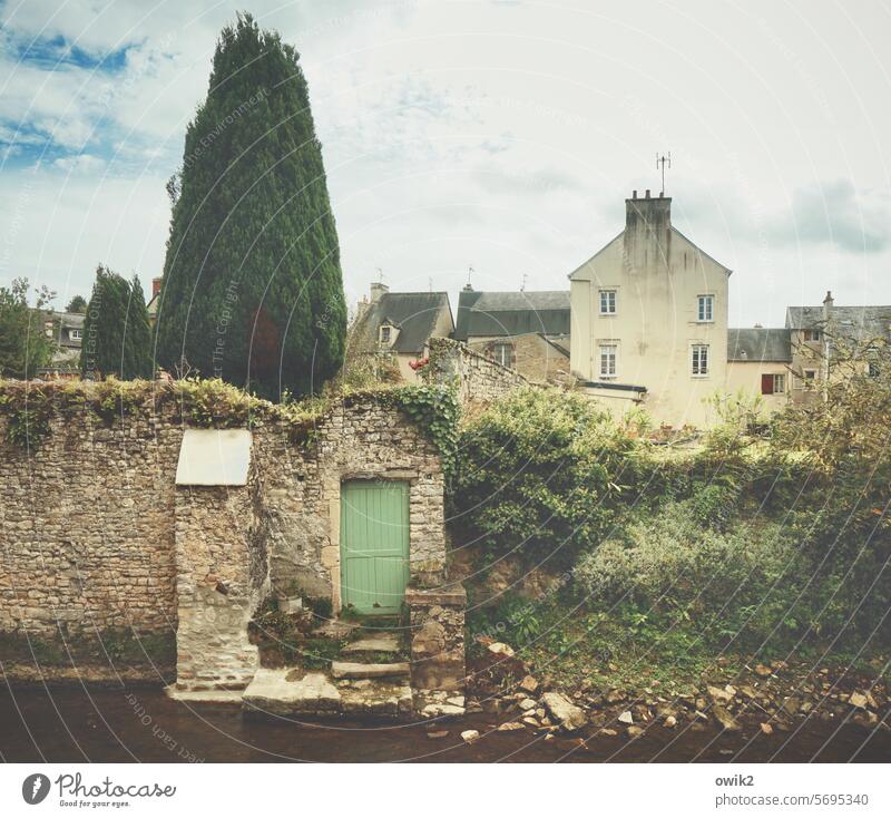 Green door Water property Wall (barrier) houses trees Bayeux Normandie France Calvados department Small Town Old town River Aure Idyll Peaceful Copy Space