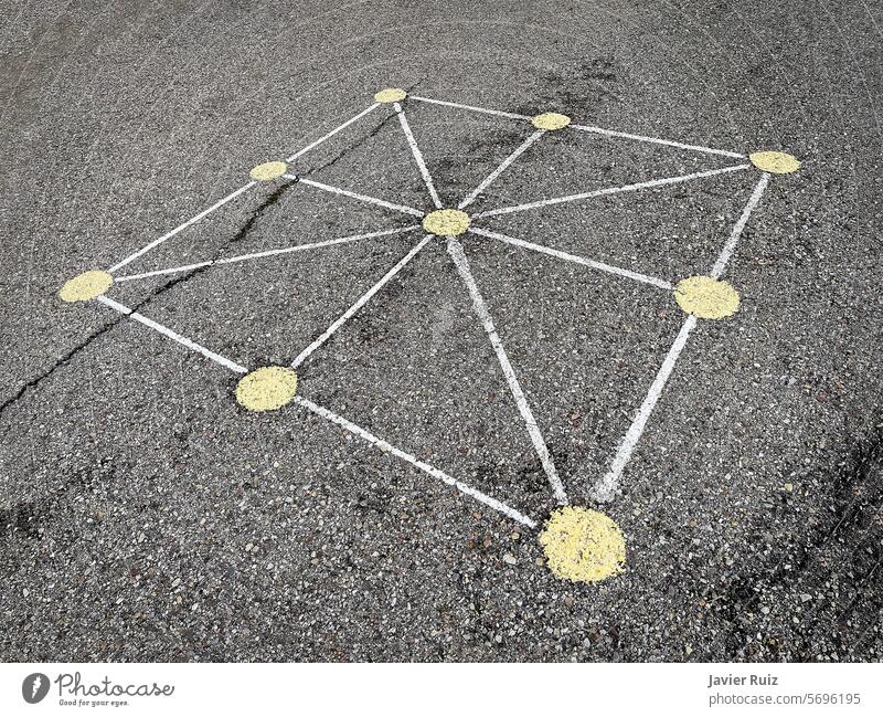 tic-tac-toe game board painted on the asphalt of a street, street games, popular games tic tac toe yellow square dots empty childhood playground fun drawing