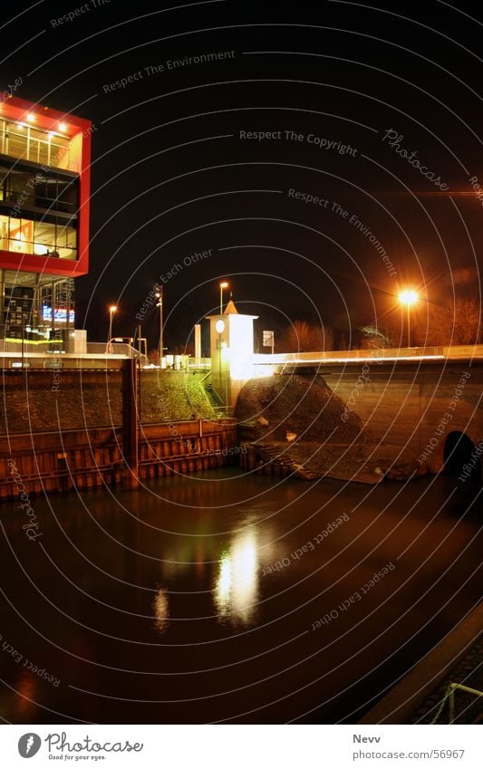 Neuss harbour basin Long exposure Neuss district Black Night Dark Lamp Retaining wall Building Jetty Harbour Light Rhine