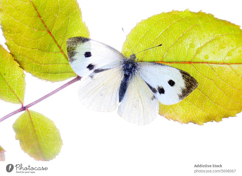 Cabbage White Butterfly Perched on Vibrant Leaf insect butterfly cabbage white pieris rapae leaf spots green nature delicate wing perched vibrant close-up flora