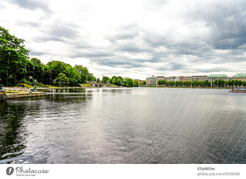 Inner Alster in Hamburg Water Sky Exterior shot Town Downtown Tourist Attraction Port City Building Architecture Sightseeing City trip Skyline