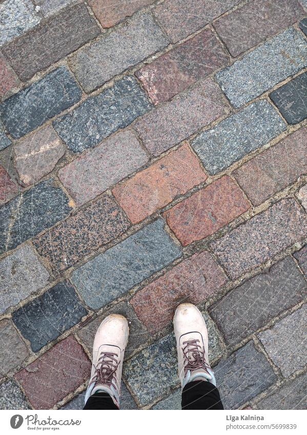 Point of view shot of standing on cobblestone street street Cobblestones Street Shadow Colour photo Light Paving stone Deserted Exterior shot Lanes & trails