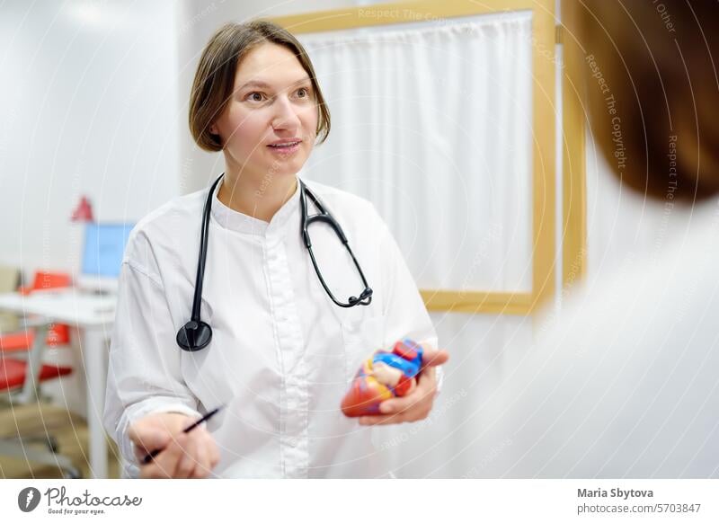 A cardiologist during appointment of patient. Doctor shows anatomical model of human heart and explains about deviations in the structure. Cardiology consultation and treatment