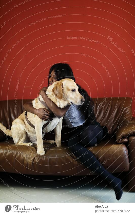 a young, slim woman sits on a brown couch and holds a blond Labrador in her arms Woman Young woman Long-haired Dark Feminine Human being Youth (Young adults)