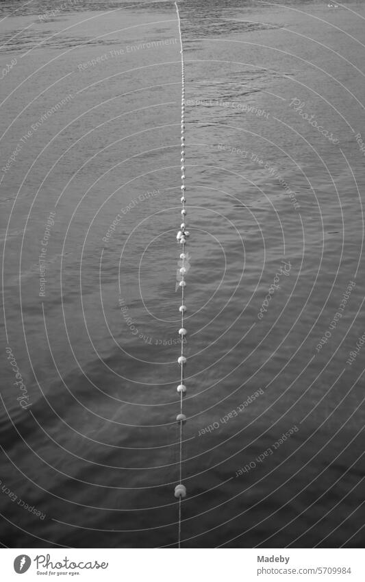 Swimmers and buoys mark the swimming area at Güzelcehisar beach near Inkumu in the province of Bartin in summer on the Black Sea in Turkey in neo-realistic black and white