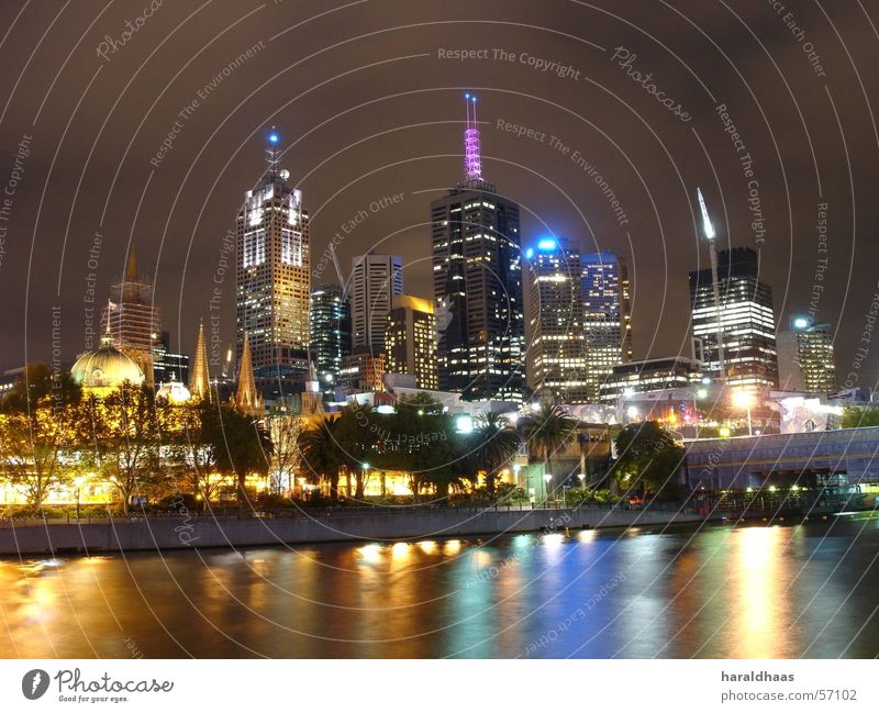 Melbourne CBD Australia Downtown Skyline High-rise Yarra river Night shot Colour photo Exterior shot Deserted Artificial light Long exposure Light