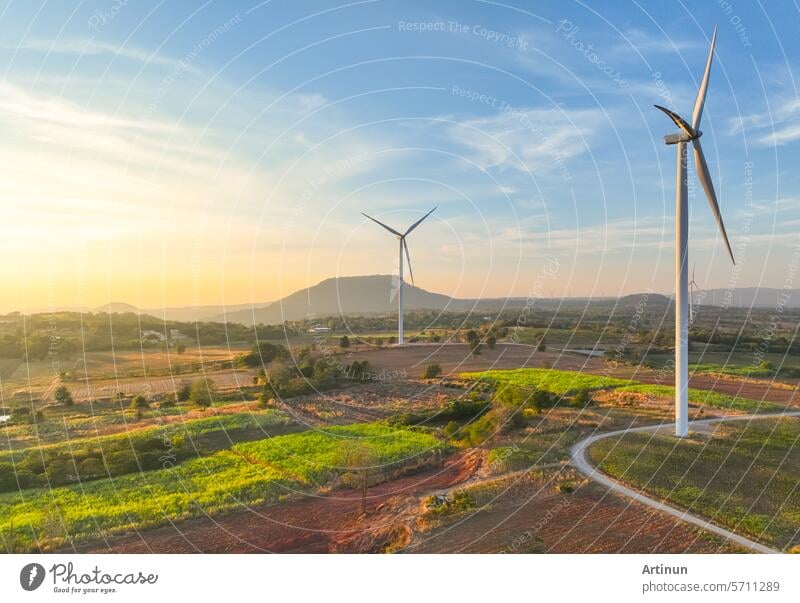 Wind farm field and sunset sky. Wind power. Sustainable, renewable energy. Wind turbines generate electricity. Sustainable development. Green technology for energy sustainability. Eco-friendly energy.