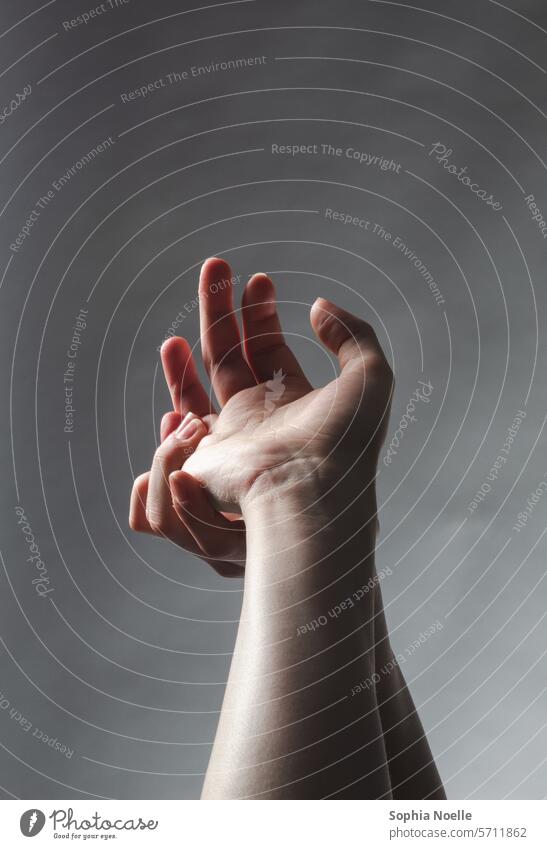 Hands on grey background hands natural body Fingers Human being Skin Arm people Body Palm of the hand body part Studio shot Minimalistic wrist palm