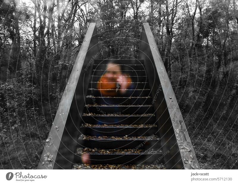 upwards or downwards and yet always further Stairs Woman defocused blurriness bokeh Illusion Silhouette Reaction Human being Fantasy Exceptional Experimental