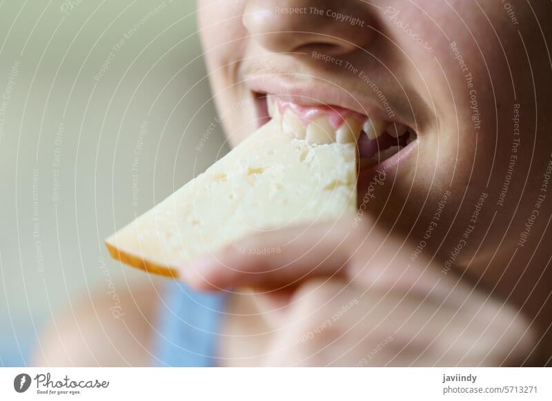 Crop happy unrecognizable girl biting fresh cheese slice Girl Cheese Bite Happy Eat Slice Fresh Nutrition Healthy Vitamin Teeth Yummy Food Delicious Tasty Teen