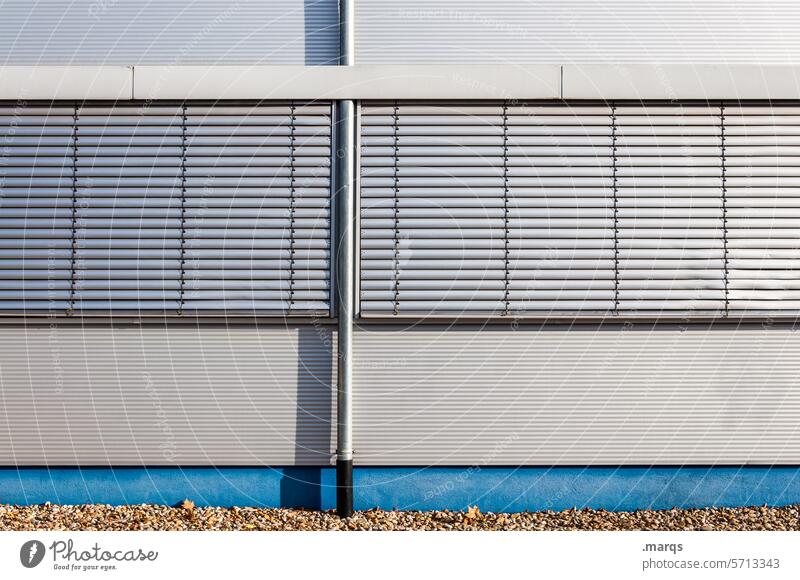 Closed on Sundays Roller shutter Facade White Gray Architecture lines Building Metal Stripe Roller blind Venetian blinds Window lowered Opening time