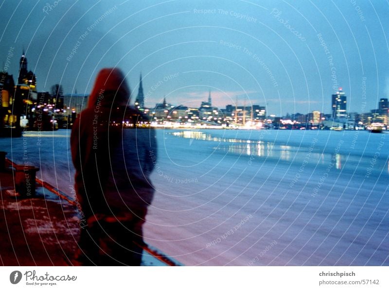 Frosty Elbe Long exposure Current Ice floe Winter Morning Twilight Jetty Hamburg Harbour Dawn